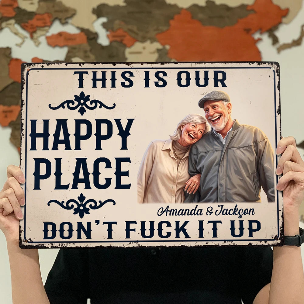 Custom Photo, Art Design, Summer, Gift For Couples, Humorous, Photo - Caricature - Remove BG - Custom Photo Caricature Couple Summer This Is Our Happy Place - Personalized Classic Metal Signs