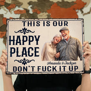Custom Photo, Art Design, Summer, Gift For Couples, Humorous, Photo - Caricature - Remove BG - Custom Photo Caricature Couple Summer This Is Our Happy Place - Personalized Classic Metal Signs