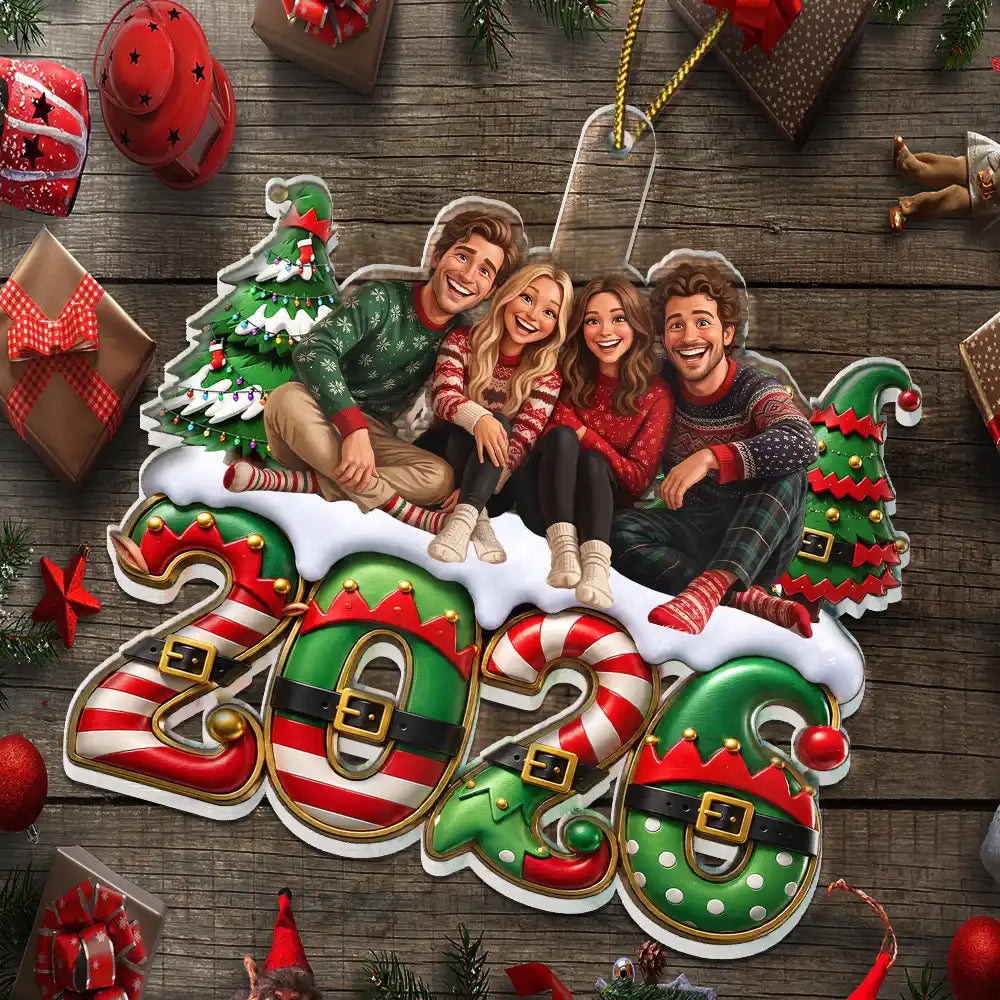 Art Design,Christmas,Humorous,Family,Photo - Caricature - Remove BG - Custom Photo Caricature Elf Family Siblings Friends - Personalized Custom Shaped Acrylic Ornament