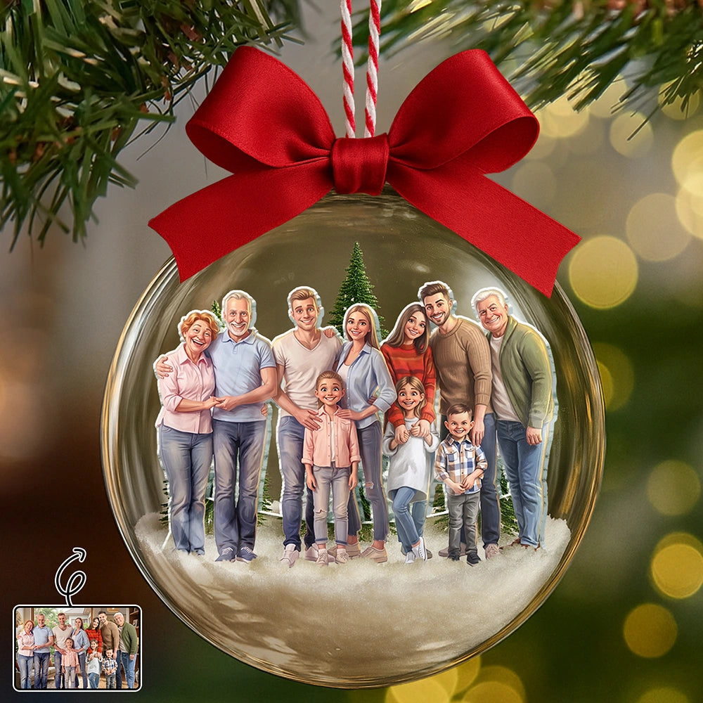 Art Design,Christmas,Family,Photo - Caricature - Remove BG,Happy - Custom Photo Caricature Family Is The Greatest Gift - Personalized 3D Acrylic Ball Ornament