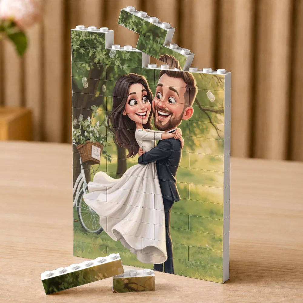 Custom Photo, Art Design, Gift For Couples, Top Market, Romantic, Photo - Caricature - With BG - Custom Photo Caricature Happy Couple Anniversary - Personalized Building Brick Blocks