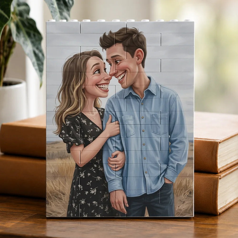 Custom Photo, Art Design, Gift For Couples, Top Market, Romantic, Photo - Caricature - With BG - Custom Photo Caricature Happy Couple Anniversary - Personalized Building Brick Blocks