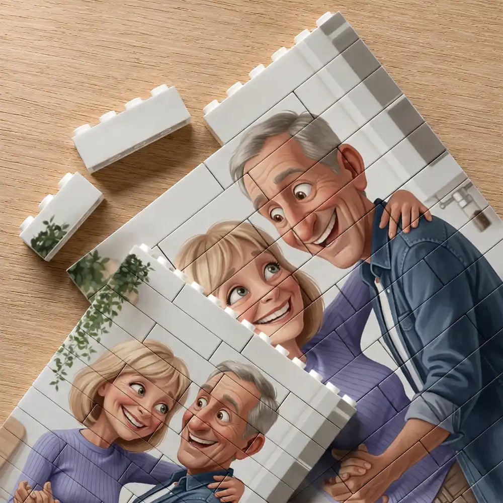 Custom Photo, Art Design, Gift For Couples, Top Market, Romantic, Photo - Caricature - With BG - Custom Photo Caricature Happy Couple Anniversary - Personalized Building Brick Blocks