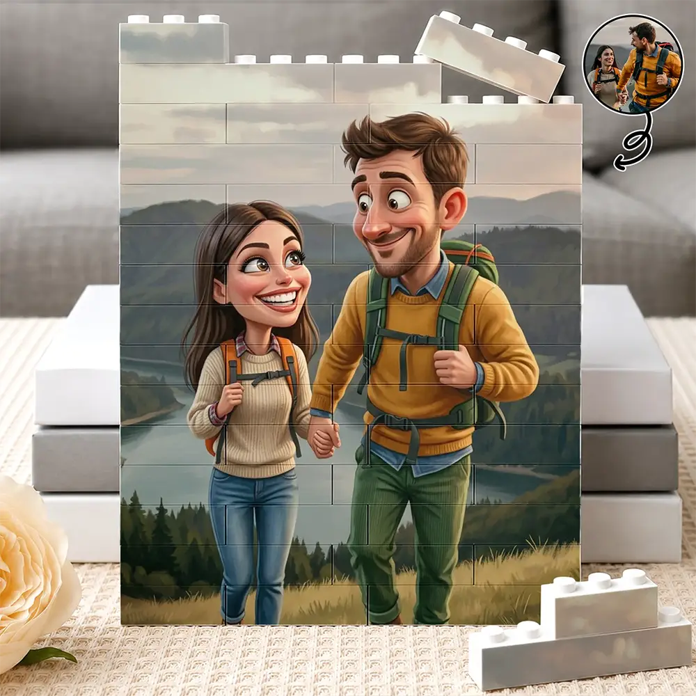 Custom Photo, Art Design, Gift For Couples, Top Market, Romantic, Photo - Caricature - With BG - Custom Photo Caricature Happy Couple Anniversary - Personalized Building Brick Blocks