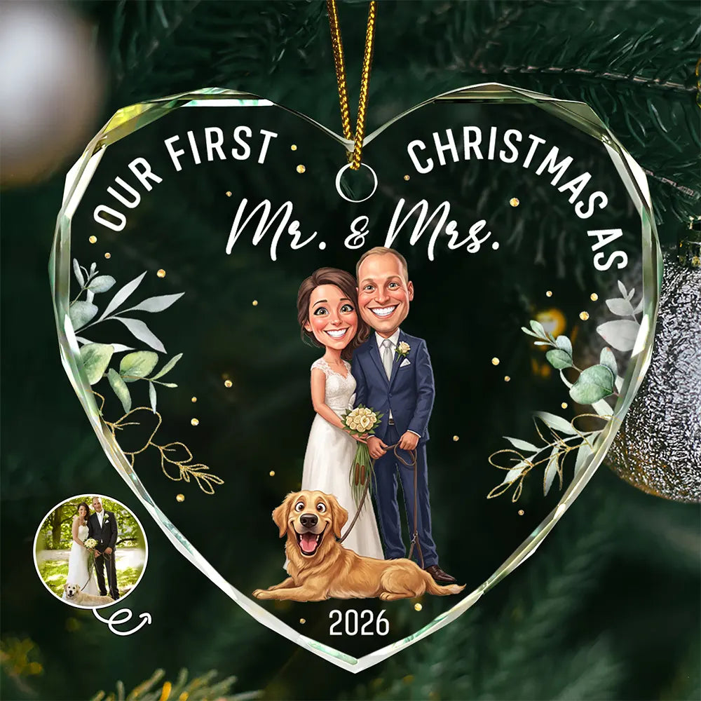 Custom Photo Caricature Our First Christmas As Mr & Mrs Wedding Couple Pet - Personalized Heart Shaped Glass Ornament