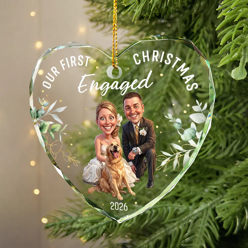 Pet Couple,Art Design,Christmas,Romantic,Pet Lovers,Gift For Couples,Photo - Caricature - Remove BG - Custom Photo Caricature Our First Christmas As Mr & Mrs Wedding Couple Pet - Personalized Heart Shaped Glass Ornament