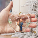 Pet Couple,Art Design,Christmas,Romantic,Pet Lovers,Gift For Couples,Photo - Caricature - Remove BG - Custom Photo Caricature Our First Christmas As Mr & Mrs Wedding Couple Pet - Personalized Heart Shaped Glass Ornament