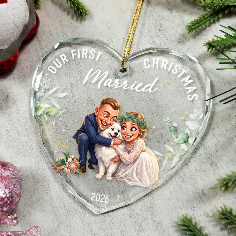 Pet Couple,Art Design,Christmas,Romantic,Pet Lovers,Gift For Couples,Photo - Caricature - Remove BG - Custom Photo Caricature Our First Christmas As Mr & Mrs Wedding Couple Pet - Personalized Heart Shaped Glass Ornament