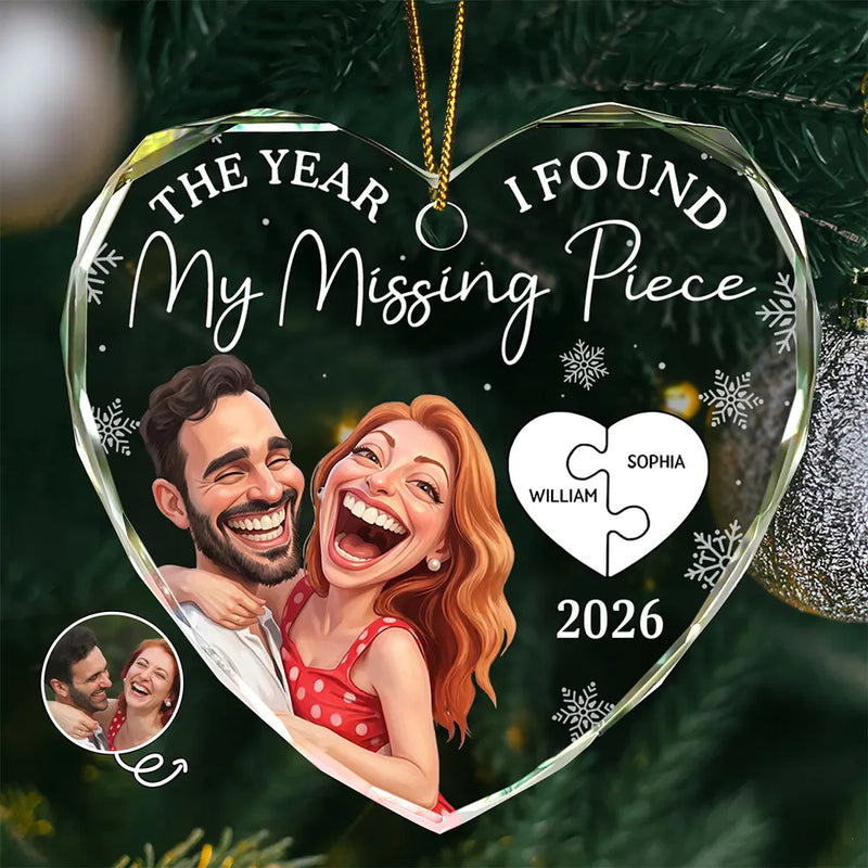 Custom Photo Caricature The Year I Found My Missing Piece Couples - Personalized Heart Shaped Glass Ornament
