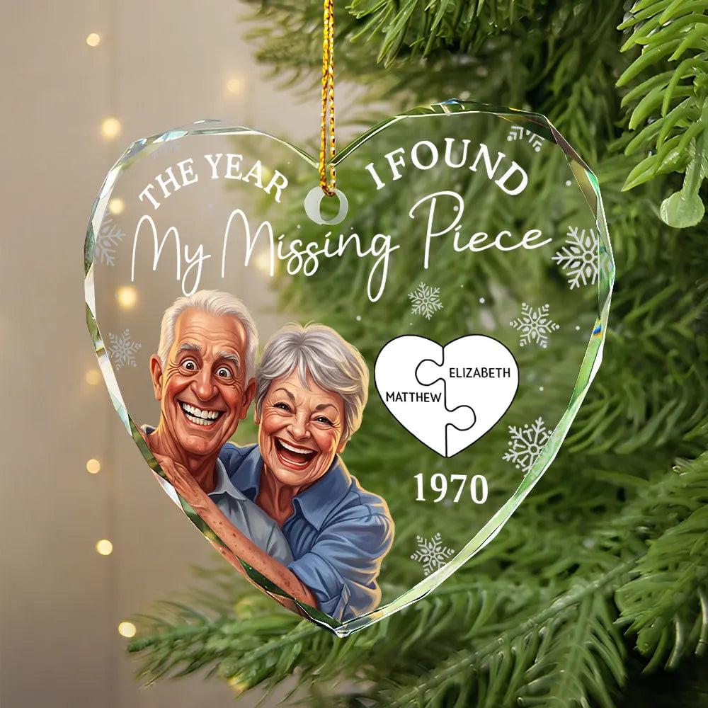 Custom Photo Caricature The Year I Found My Missing Piece Couples - Personalized Heart Shaped Glass Ornament