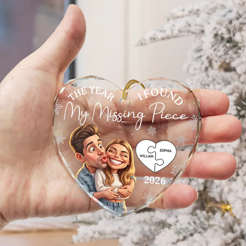Custom Photo Caricature The Year I Found My Missing Piece Couples - Personalized Heart Shaped Glass Ornament