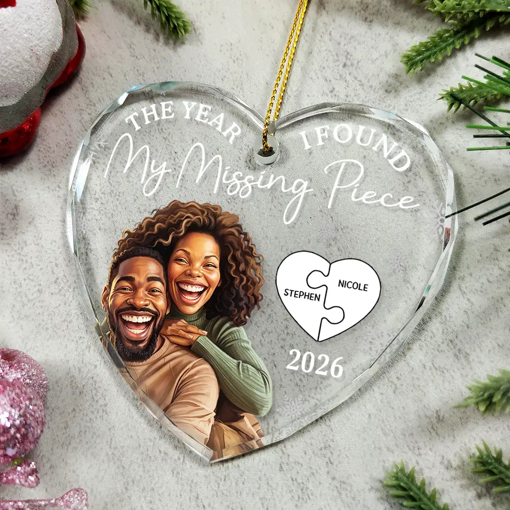 Custom Photo Caricature The Year I Found My Missing Piece Couples - Personalized Heart Shaped Glass Ornament
