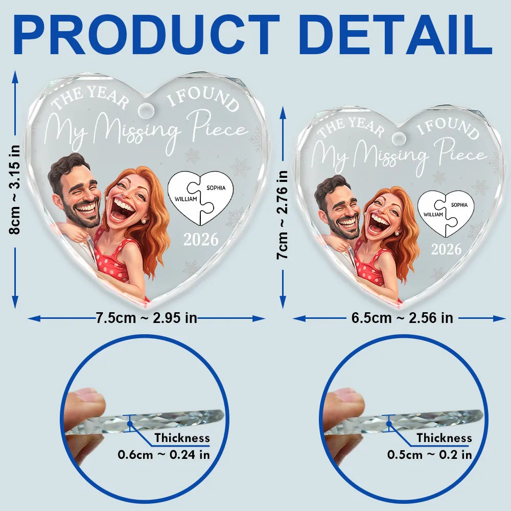 Custom Photo Caricature The Year I Found My Missing Piece Couples - Personalized Heart Shaped Glass Ornament