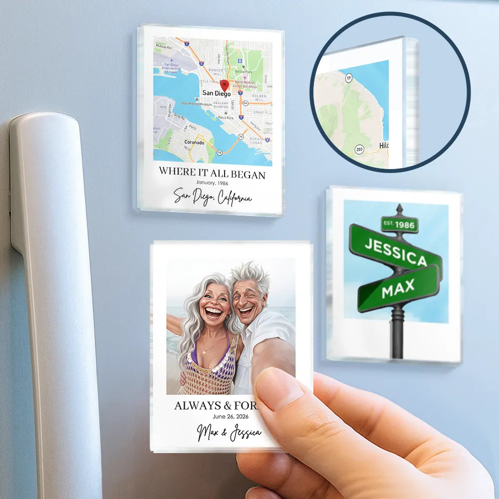 Travel, Art Design, Anniversary, Custom Photo, Romantic, Summer, Gift For Couples, Photo - Caricature - With BG - Custom Photo Caricature Travel Keepsake For Family And Friends - Personalized Acrylic Magnet
