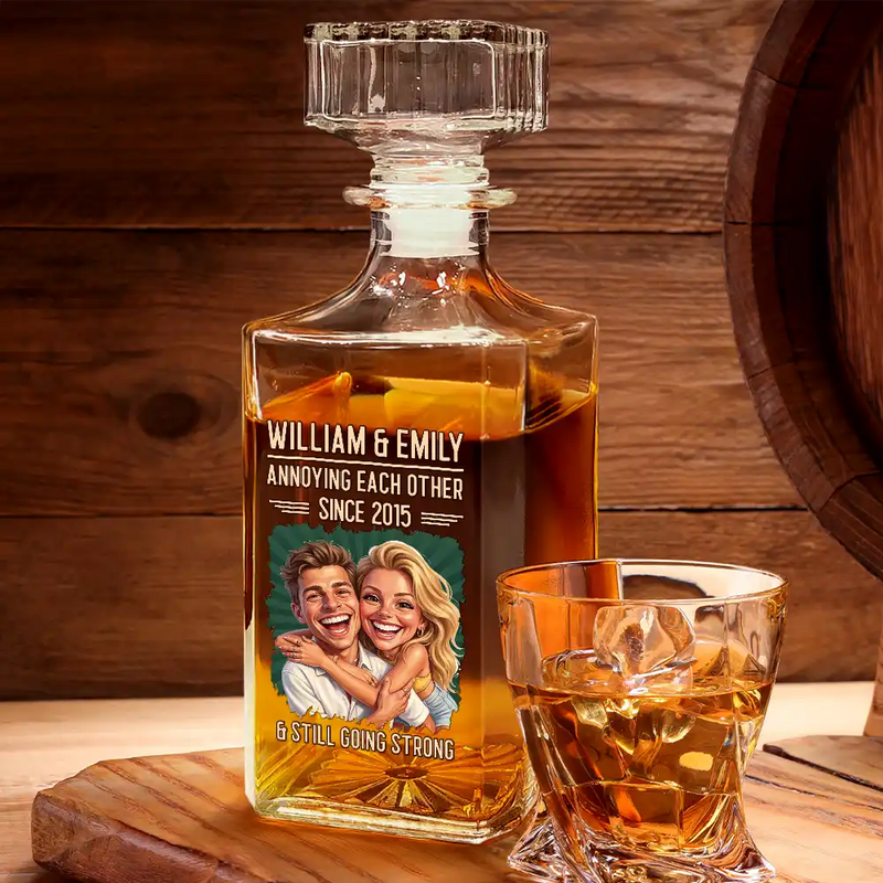 Custom Photo, Art Design, Gift For Couples, Old Couples, Wedding Anniversary, Humorous, Photo - Caricature - Remove BG - Custom Photo Caricature Vintage Annoying Each Other - Personalized Square Whiskey Bottle