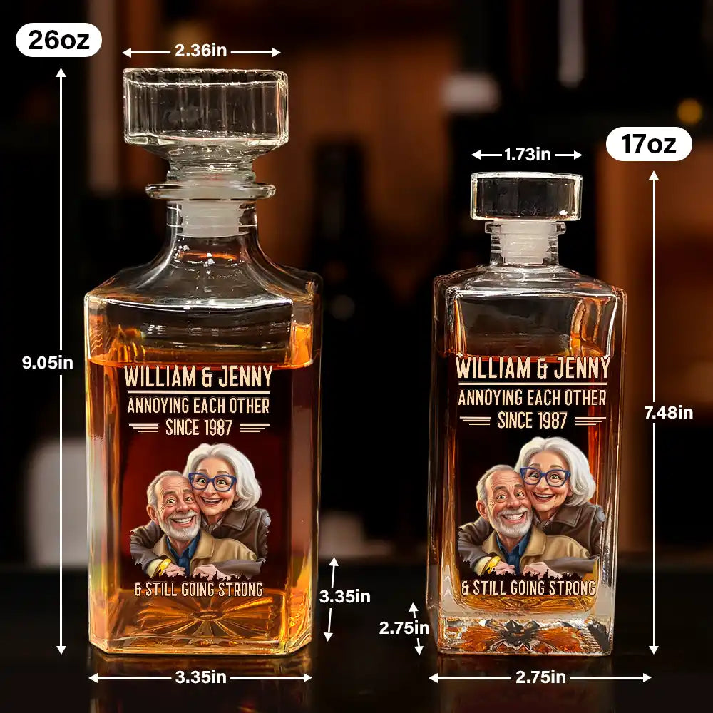 Custom Photo, Art Design, Gift For Couples, Old Couples, Wedding Anniversary, Humorous, Photo - Caricature - Remove BG - Custom Photo Caricature Vintage Annoying Each Other - Personalized Square Whiskey Bottle