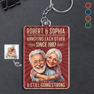 Custom Photo, Art Design, Gift For Couples, Old Couples, Wedding Anniversary, Humorous, Photo - Caricature - Remove BG - Custom Photo Caricature Vintage Annoying Each Other - Personalized Acrylic Keychain