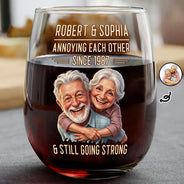 Custom Photo, Art Design, Gift For Couples, Old Couples, Wedding Anniversary, Humorous, Photo - Caricature - Remove BG - Custom Photo Caricature Vintage Annoying Each Other - Personalized Stemless Wine Glass