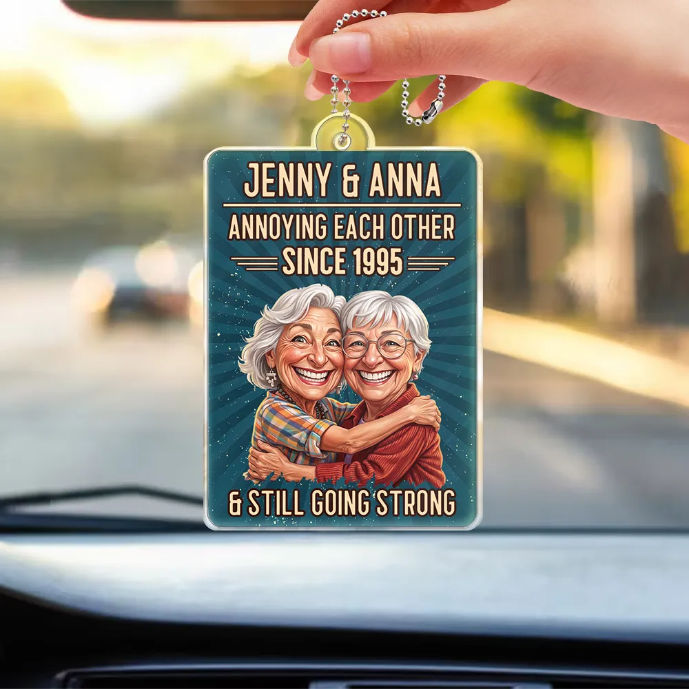 Custom Photo,Art Design,Gift For Couples,Old Couples,Wedding Anniversary,Humorous,Photo - Caricature - Remove BG - Custom Photo Caricature Vintage Annoying Each Other - Personalized Acrylic Car Hanger