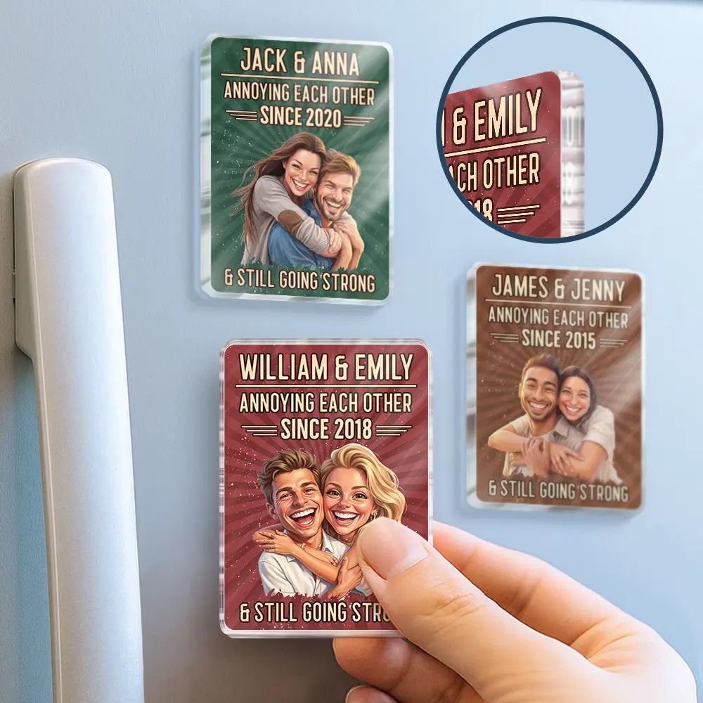 Custom Photo, Art Design, Gift For Couples, Old Couples, Wedding Anniversary, Humorous, Photo - Caricature - Remove BG - Custom Photo Caricature Vintage Annoying Each Other - Personalized Acrylic Magnet
