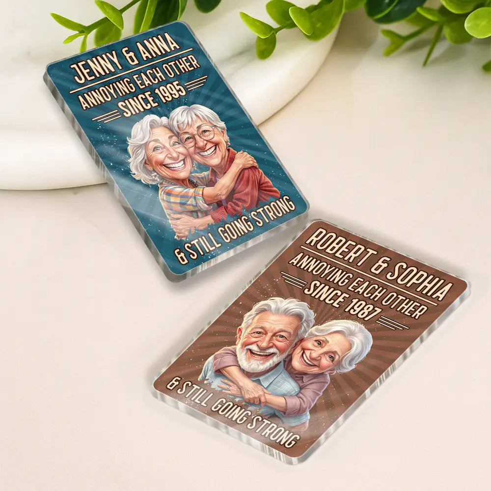 Custom Photo, Art Design, Gift For Couples, Old Couples, Wedding Anniversary, Humorous, Photo - Caricature - Remove BG - Custom Photo Caricature Vintage Annoying Each Other - Personalized Acrylic Magnet