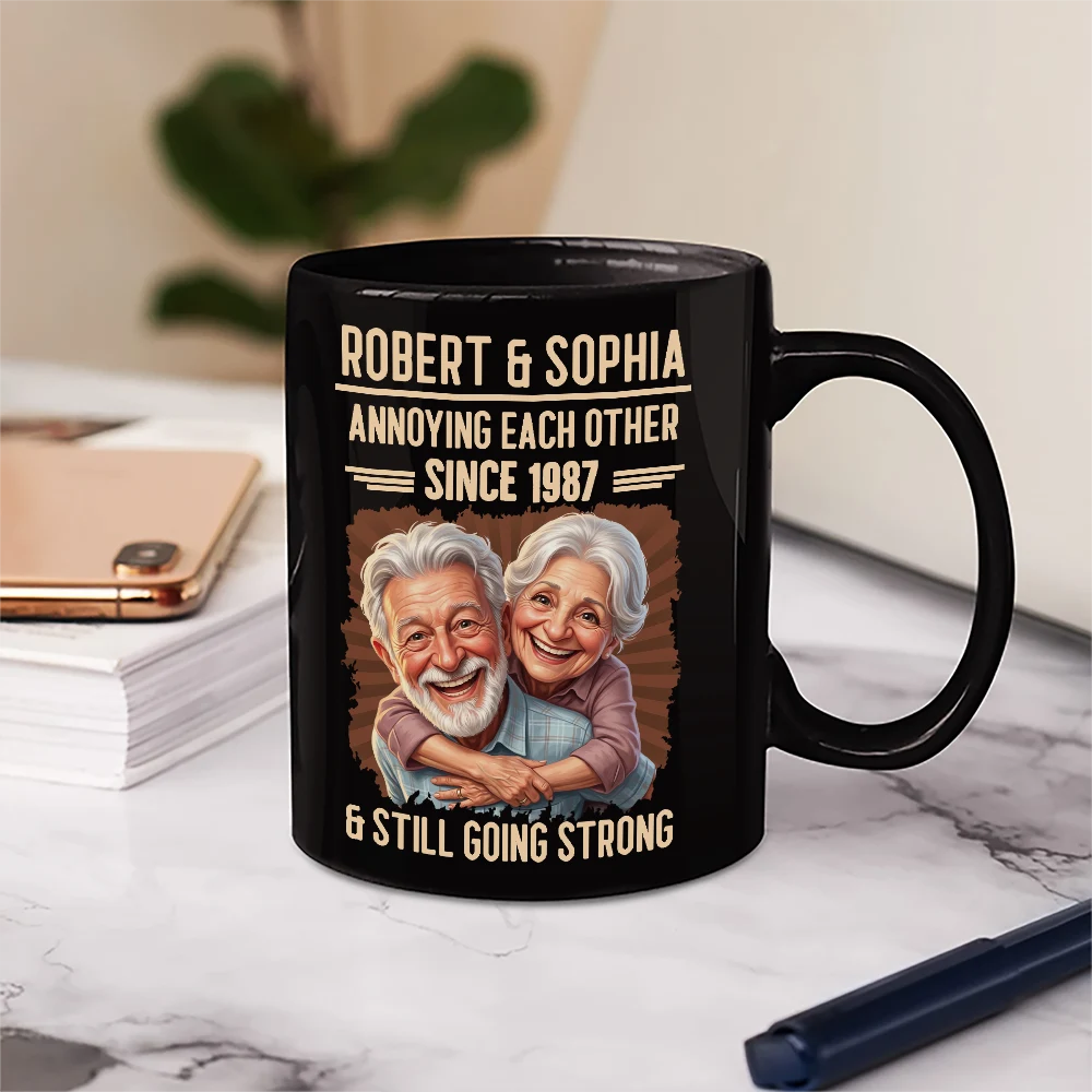 Custom Photo, Art Design, Gift For Couples, Old Couples, Wedding Anniversary, Humorous, Photo - Caricature - Remove BG - Custom Photo Caricature Vintage Annoying Each Other - Personalized Mug