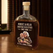 Custom Photo, Art Design, Gift For Couples, Old Couples, Wedding Anniversary, Humorous, Photo - Caricature - Remove BG - Custom Photo Caricature Vintage Annoying Each Other - Personalized Whiskey Bottle