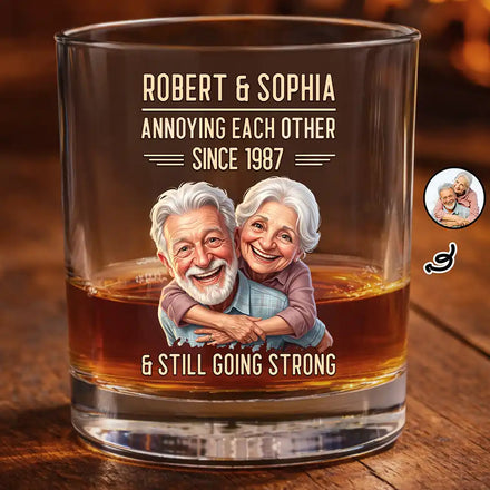 Custom Photo Caricature Vintage Annoying Each Other - Personalized Whiskey Glass