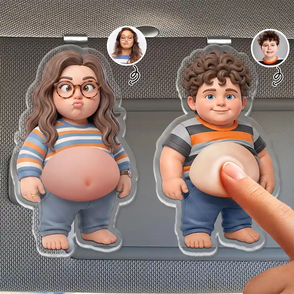 Custom Photo, Art Design, Family, Humorous, Photo - Belly Pose Cartoon Figure - Custom Photo Cartoon Funny Belly Character Family Member And Pet - Personalized Squishy Acrylic Car Visor Clip