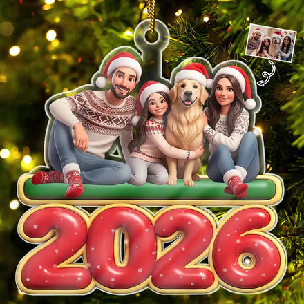 Custom Photo Cartoon Portrait 3D Effect Christmas Family Gathered Together - Personalized Custom Shaped Acrylic Ornament