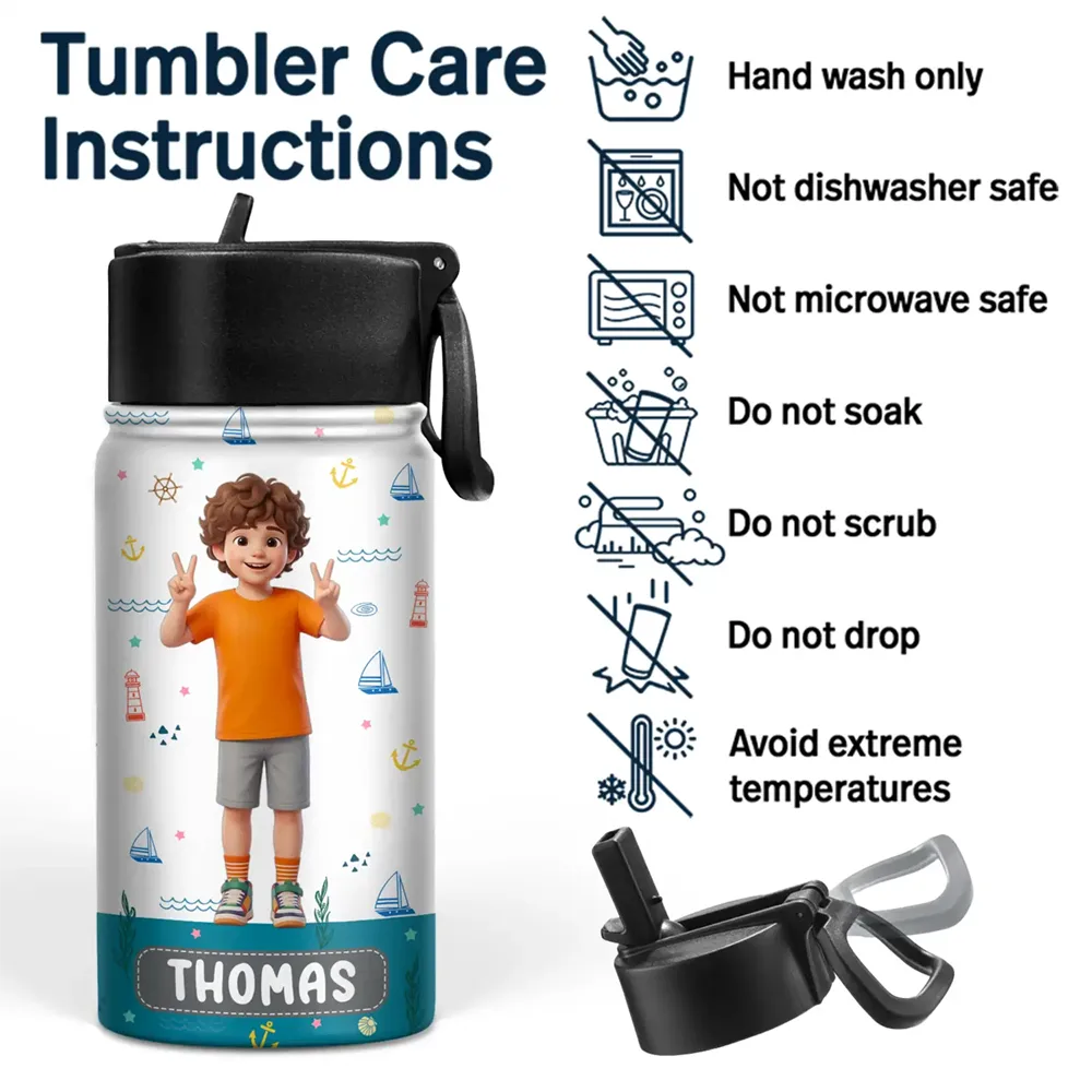 Back To School, Custom Photo, Art Design, Parents, Adorable, Photo - Cartoon Portrait - Custom Photo Cartoon Portrait Adorable Kid And Name - Personalized Kids Water Bottle