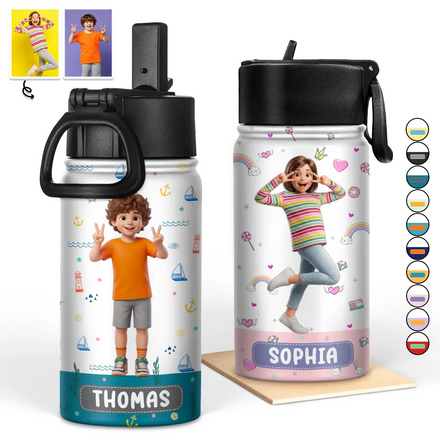 Custom Photo Cartoon Portrait Adorable Kid And Name - Personalized Kids Water Bottle