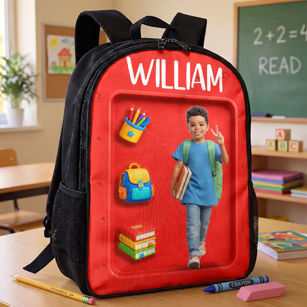 Adorable,Art Design,Back To School,Gift For Kids,Photo - Cartoon Portrait - Custom Photo Cartoon Portrait Adorable Kid Ready For School - Personalized Kids Backpack