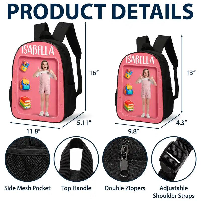 Adorable,Art Design,Back To School,Gift For Kids,Photo - Cartoon Portrait - Custom Photo Cartoon Portrait Adorable Kid Ready For School - Personalized Kids Backpack