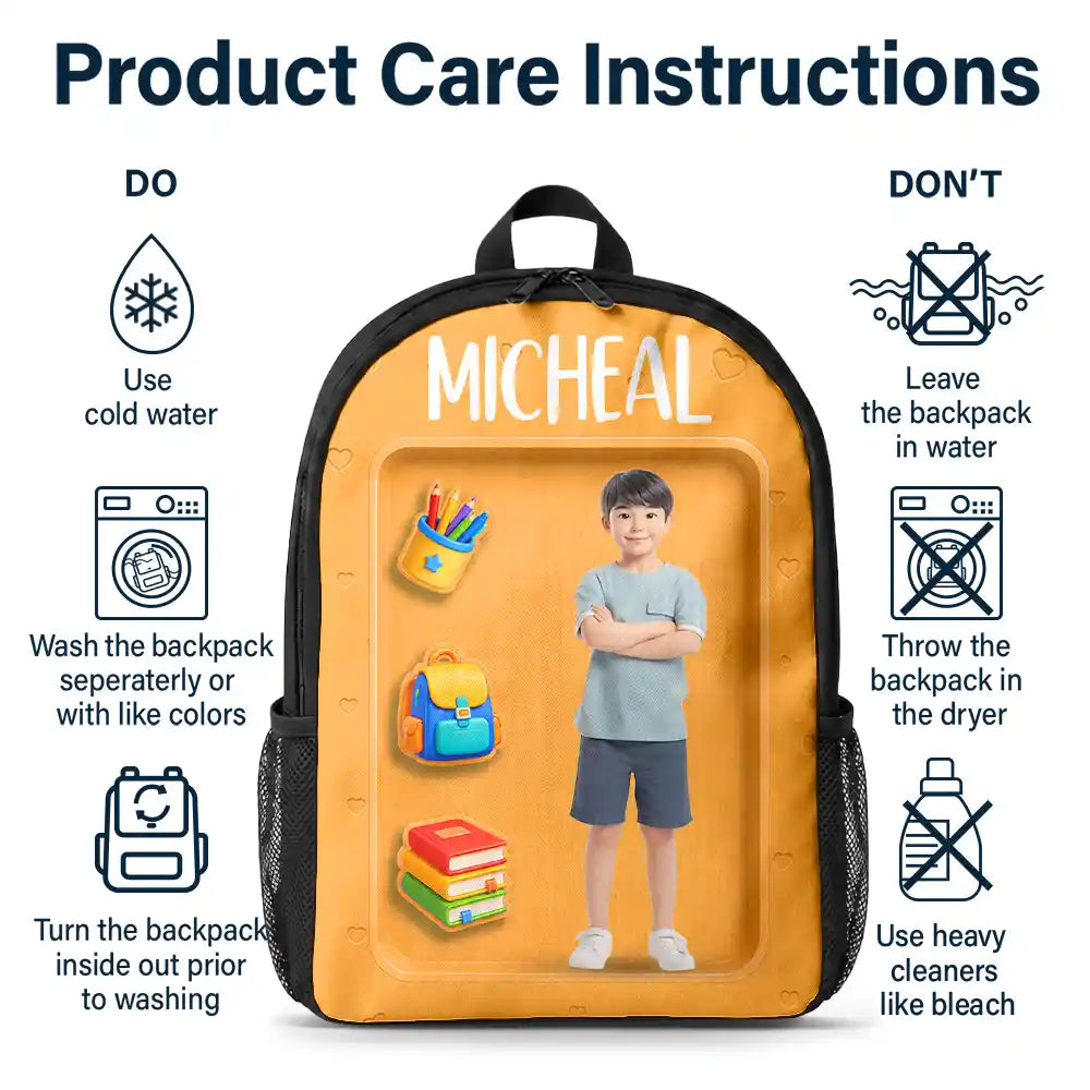 Adorable,Art Design,Back To School,Gift For Kids,Photo - Cartoon Portrait - Custom Photo Cartoon Portrait Adorable Kid Ready For School - Personalized Kids Backpack