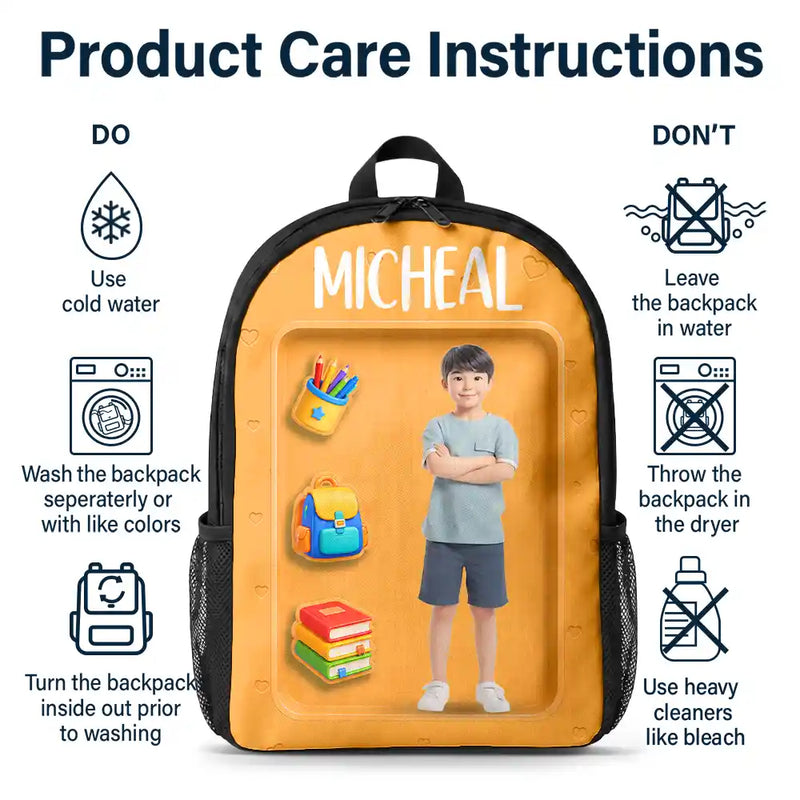 Adorable,Art Design,Back To School,Gift For Kids,Photo - Cartoon Portrait - Custom Photo Cartoon Portrait Adorable Kid Ready For School - Personalized Kids Backpack
