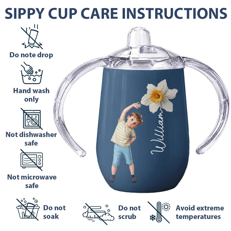 Adorable,Art Design,Back To School,Gift For Kids,Photo - Cartoon Portrait - Custom Photo Cartoon Portrait Adorable Kid With Birth Flower - Personalized Sippy Cup