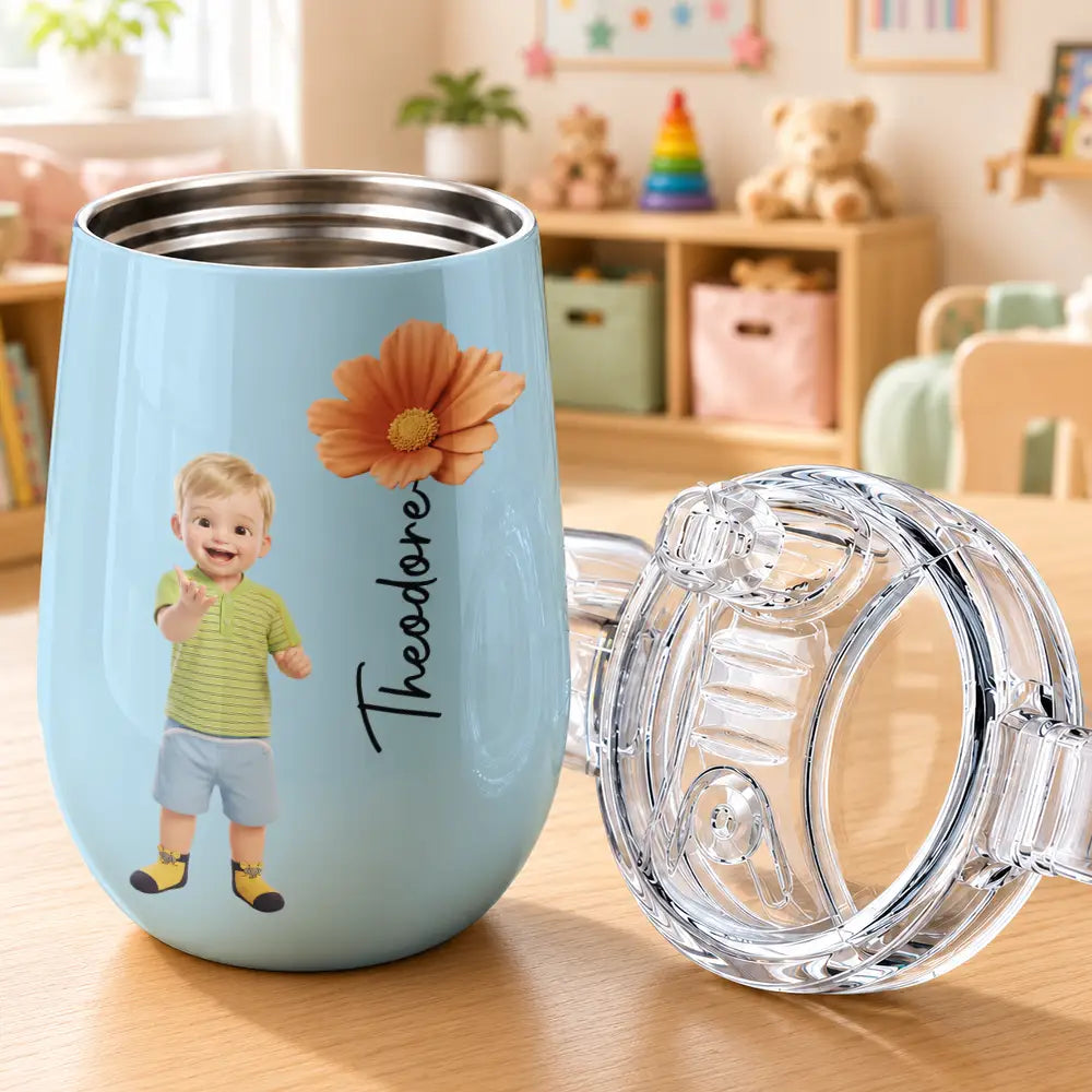 Adorable,Art Design,Back To School,Gift For Kids,Photo - Cartoon Portrait - Custom Photo Cartoon Portrait Adorable Kid With Birth Flower - Personalized Sippy Cup