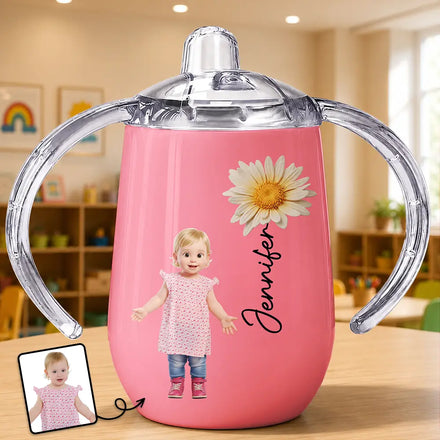 Custom Photo Cartoon Portrait Adorable Kid With Birth Flower - Personalized Sippy Cup