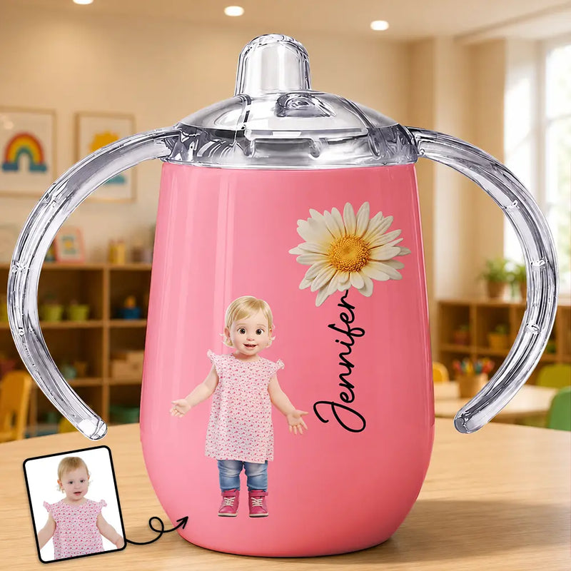 Adorable,Art Design,Back To School,Gift For Kids,Photo - Cartoon Portrait - Custom Photo Cartoon Portrait Adorable Kid With Birth Flower - Personalized Sippy Cup