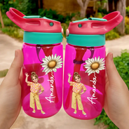 Top Market, Adorable, Art Design, Back To School, Custom Photo, Gift For Kids, Photo - Cartoon Portrait - Custom Photo Cartoon Portrait Adorable Kid With Birth Month Flower - Personalized Kids Water Bottle With Straw