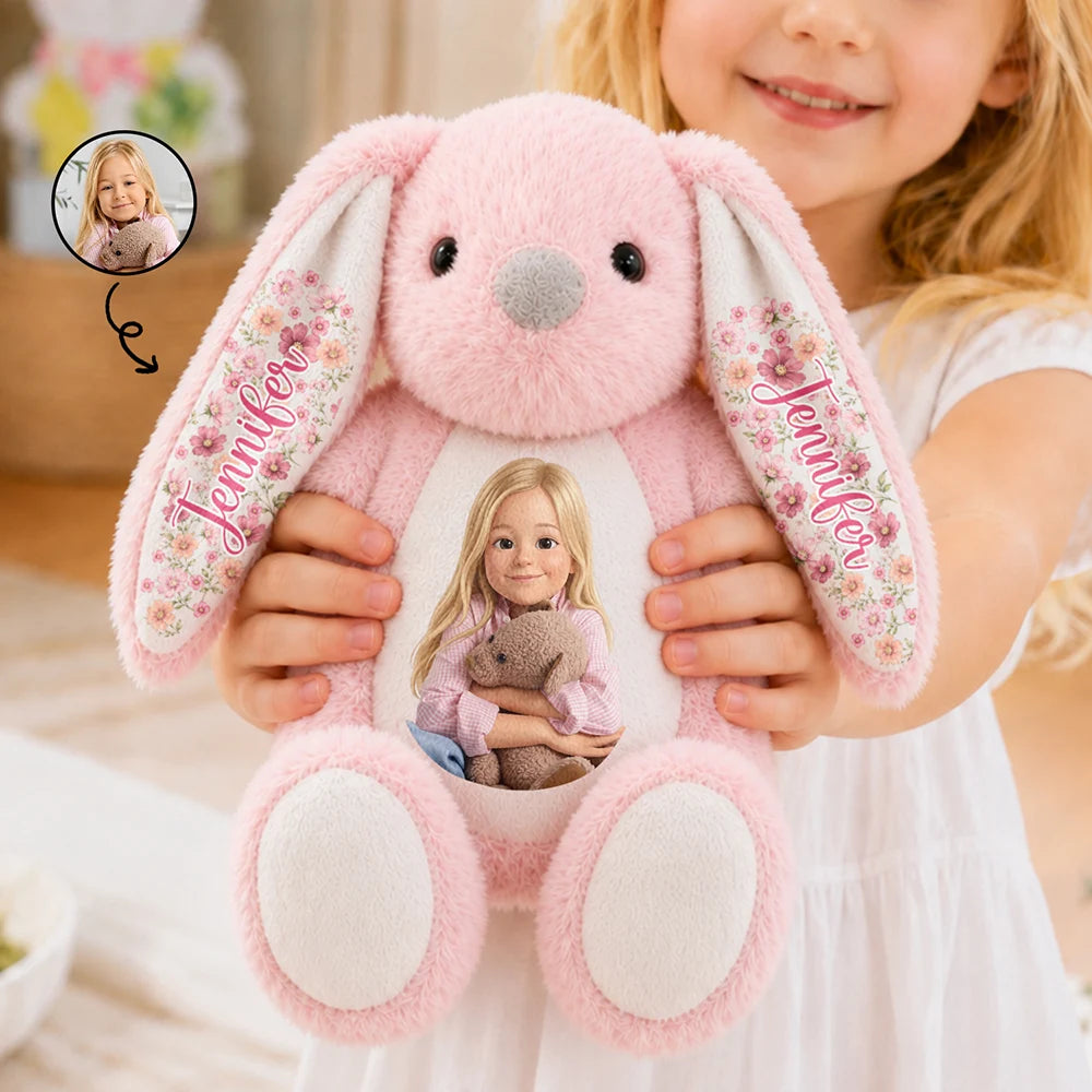 Custom Photo Cartoon Portrait Adorable Kid With Floral Ears - Personalized Soft Toy Bunny