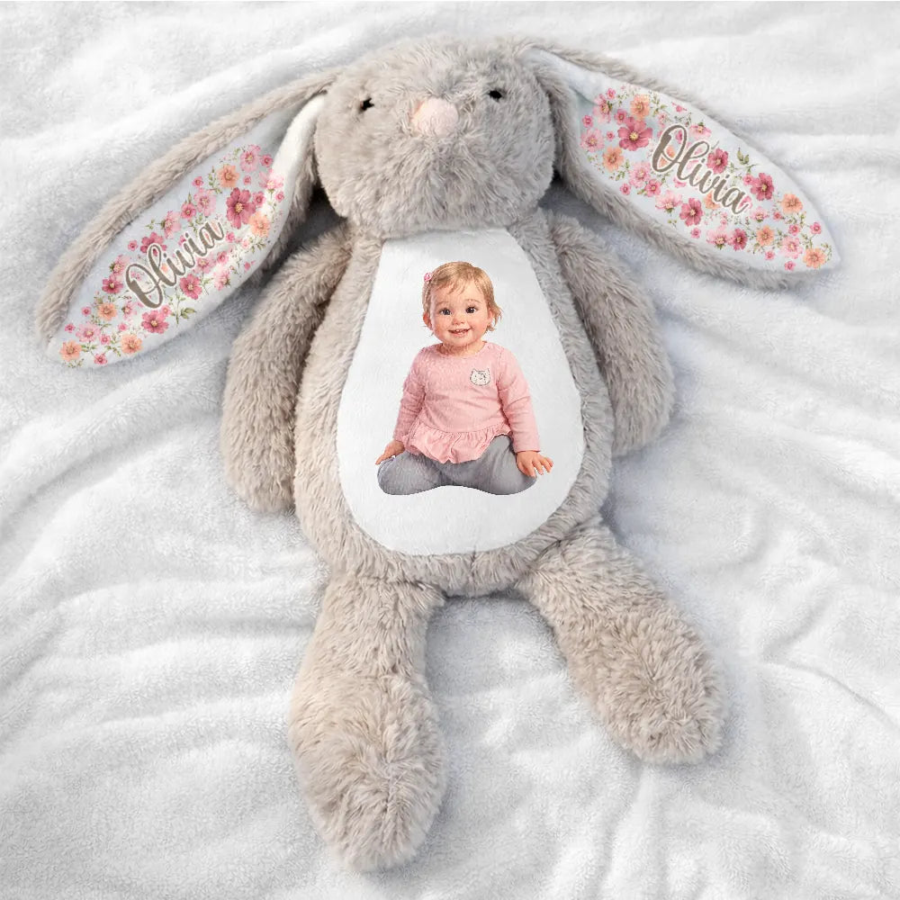 Adorable, Art Design, Gift For Kids, Photo - Cartoon Portrait - Custom Photo Cartoon Portrait Adorable Kid With Floral Ears - Personalized Soft Toy Bunny