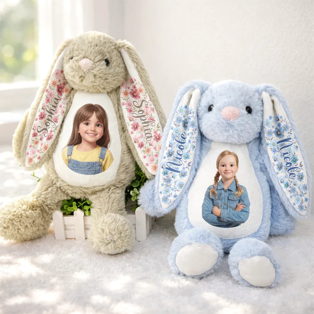 Adorable, Art Design, Gift For Kids, Photo - Cartoon Portrait - Custom Photo Cartoon Portrait Adorable Kid With Floral Ears - Personalized Soft Toy Bunny