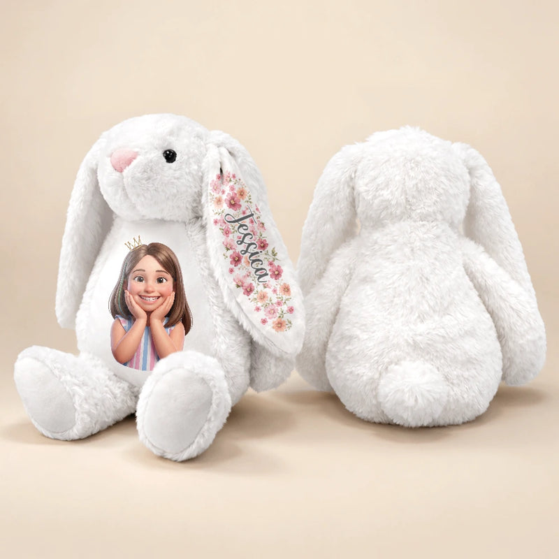 Adorable, Art Design, Gift For Kids, Photo - Cartoon Portrait - Custom Photo Cartoon Portrait Adorable Kid With Floral Ears - Personalized Soft Toy Bunny