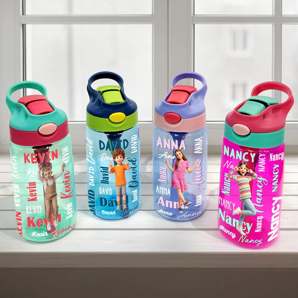 Back To School, Custom Photo, Art Design, Parents, Adorable, Photo - Cartoon Portrait - Custom Photo Cartoon Portrait Adorable Kids With Name - Personalized Kids Water Bottle With Straw