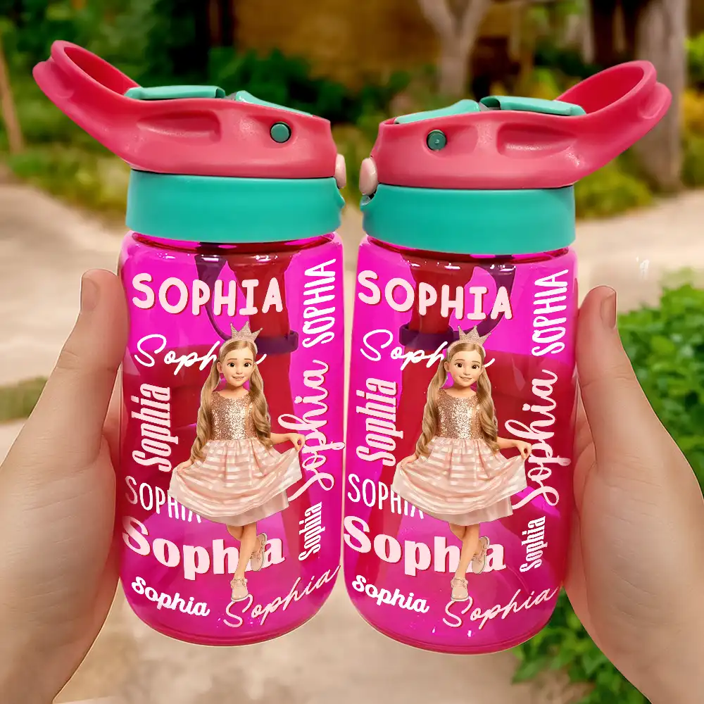 Back To School, Custom Photo, Art Design, Parents, Adorable, Photo - Cartoon Portrait - Custom Photo Cartoon Portrait Adorable Kids With Name - Personalized Kids Water Bottle With Straw