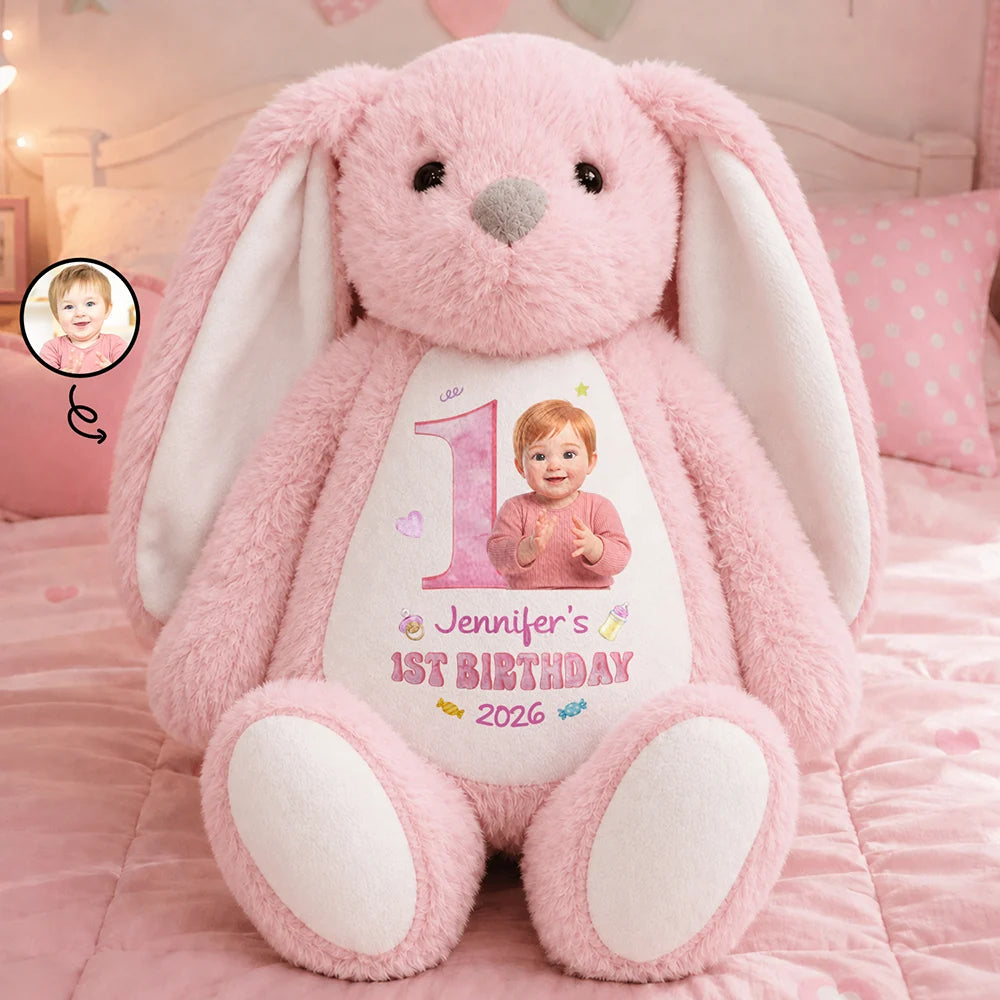 Adorable,Art Design,Gift For Kids,Photo - Cartoon Portrait - Custom Photo Cartoon Portrait Baby First Birthday Christmas Easter - Personalized Soft Toy Bunny
