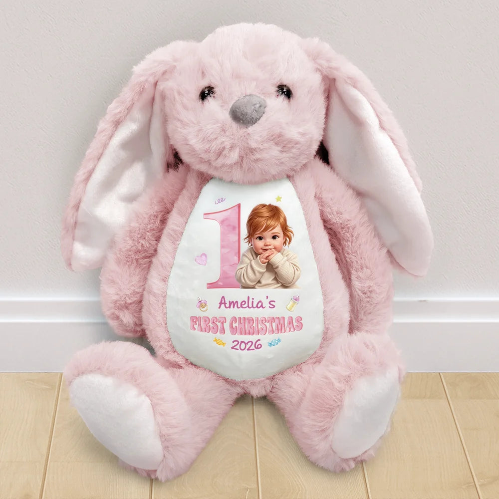 Adorable,Art Design,Gift For Kids,Photo - Cartoon Portrait - Custom Photo Cartoon Portrait Baby First Birthday Christmas Easter - Personalized Soft Toy Bunny