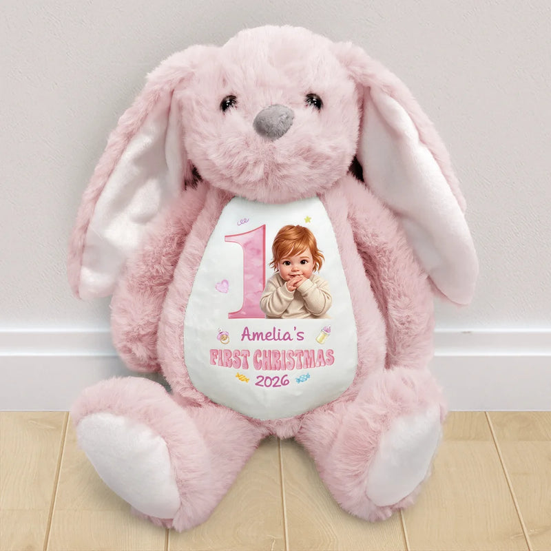 Adorable,Art Design,Gift For Kids,Photo - Cartoon Portrait - Custom Photo Cartoon Portrait Baby First Birthday Christmas Easter - Personalized Soft Toy Bunny